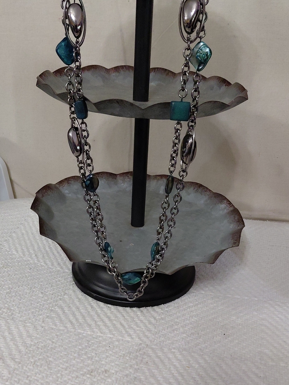Long Silver Chain Necklace with Teal Beads
